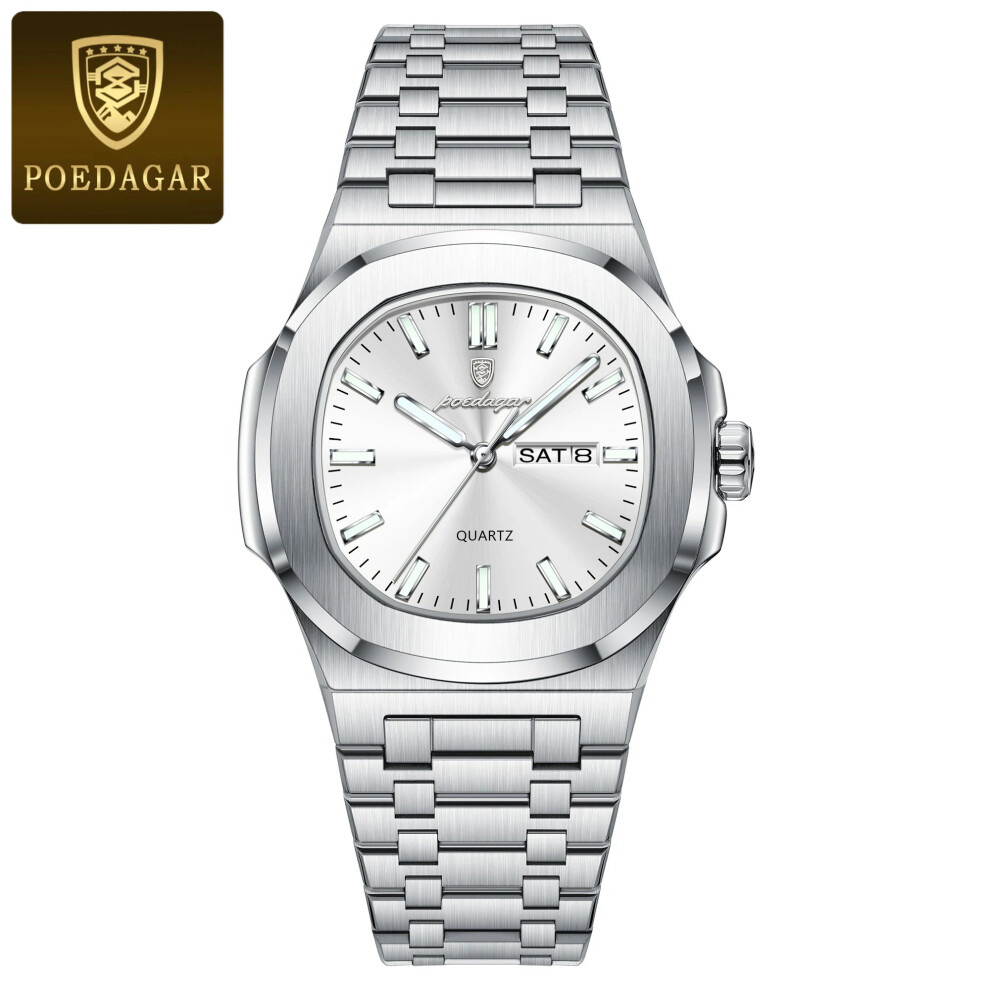 (853 Silver White) POEDAGAR Luxury Square Men's Watches Waterproof Luminous Date Week Men Watch Stainless Steel Fashion Quartz Man Wristwatch Reloj-image-OPC-PRX2D77-NEW