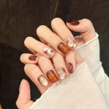 (3214 Short Gradient, M) 10PCS Maple Leaf Cat Eye Fake Nails for Women