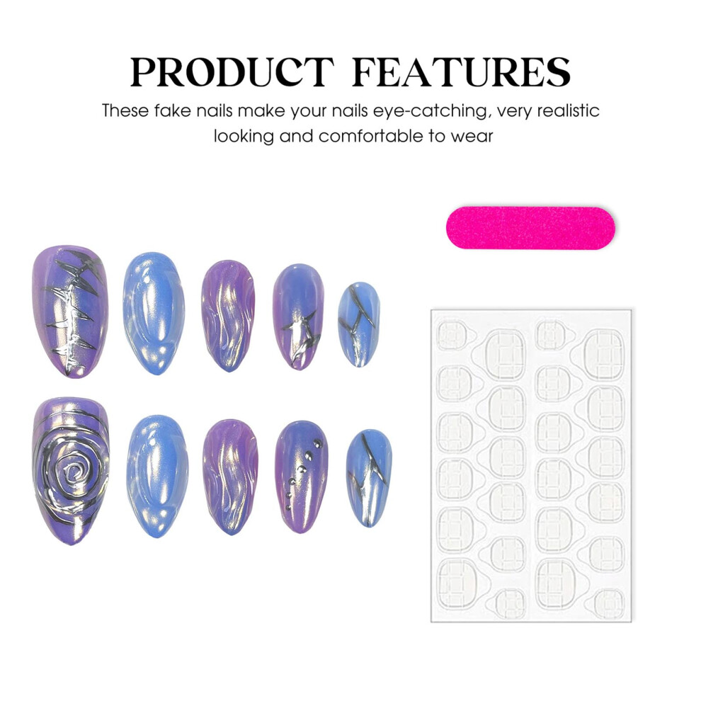 Dachuang Beauty Blue,Purple (L) Glossy Purple Blue Almond Fake Nails - Chip-Proof