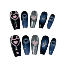 (M) Heart-Decor False Nails - Black & Blue for Daily & Parties