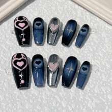 (XS) Heart-Decor False Nails - Black & Blue for Daily & Parties