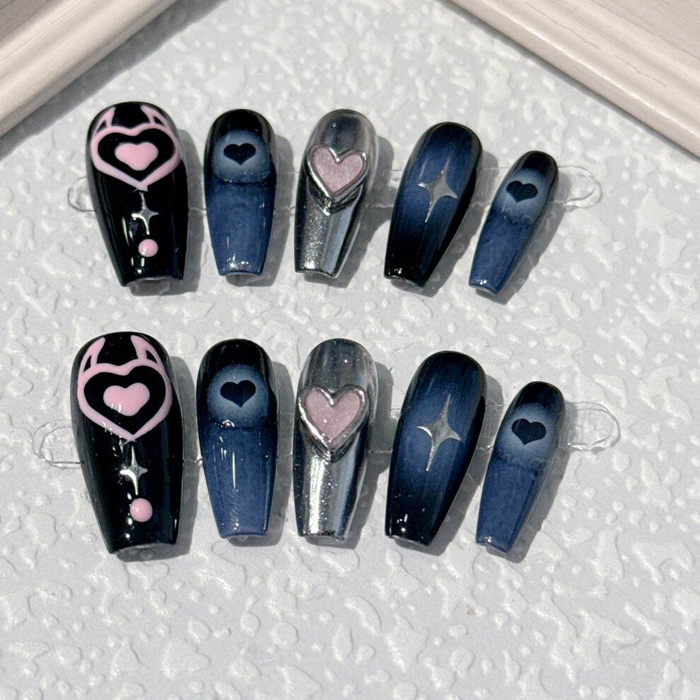 Dcph-Clothing (Xs) Heart-Decor False Nails - Black Blue, Comfortable & Stylish