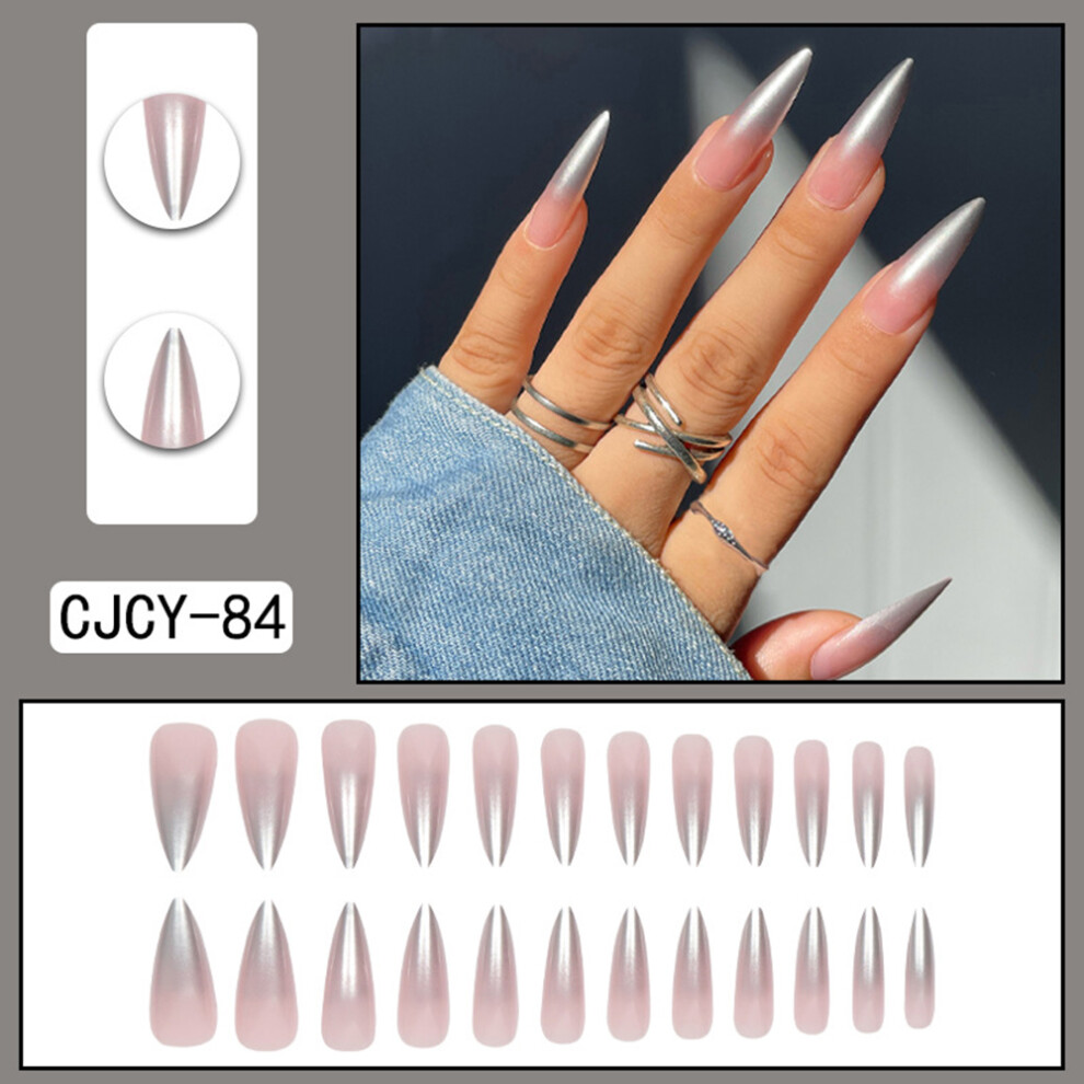 Dachuang Beauty Silver (Jelly Glue Model) Gradient Long Fake Nails Set For Diy Manicure
