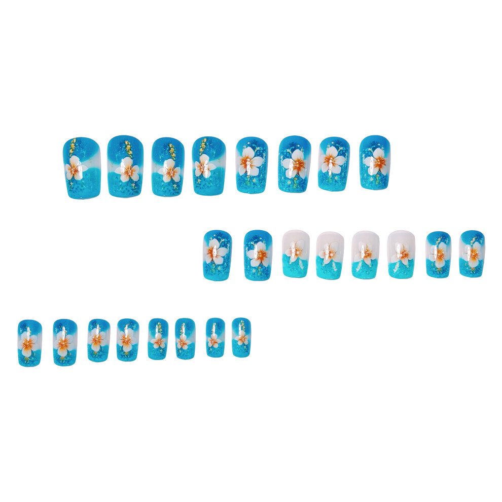 Dachuang Beauty 24Pcs Blue Floral Fake Nails, Salon Manicure Supply