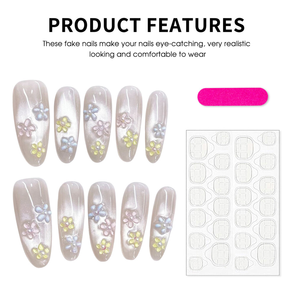 Roc-Electron (M) Flower Print Fake Nails, Easy Apply For Dating & Travel