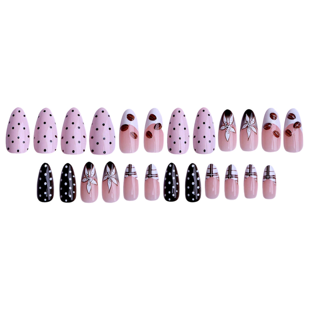 Roc-Electron 24Pcs Almond Press On Nails With 3D Flowers & Dots
