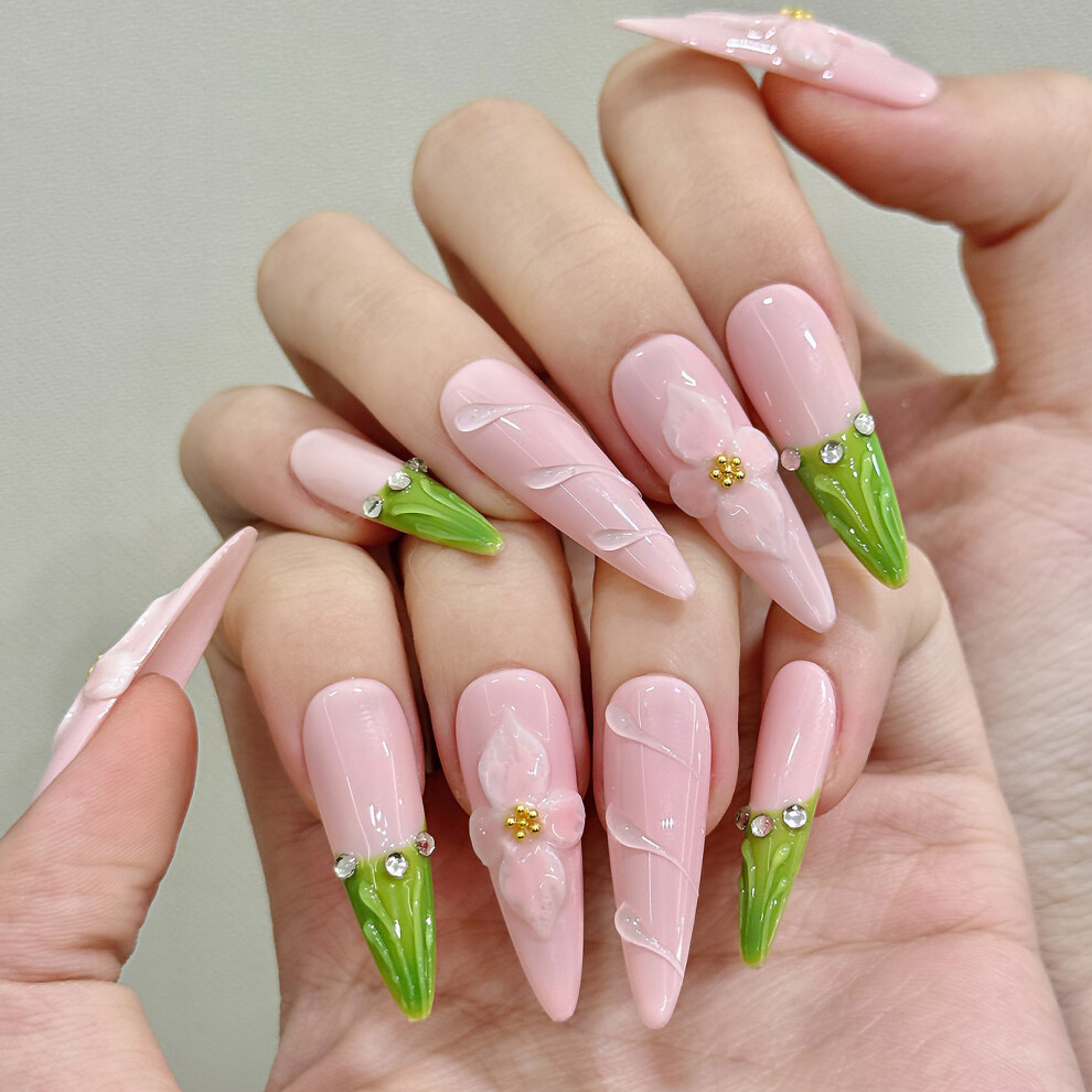 Dachuang Beauty Pink (Xs) French Green Tip Fake Nails - Unbreakable