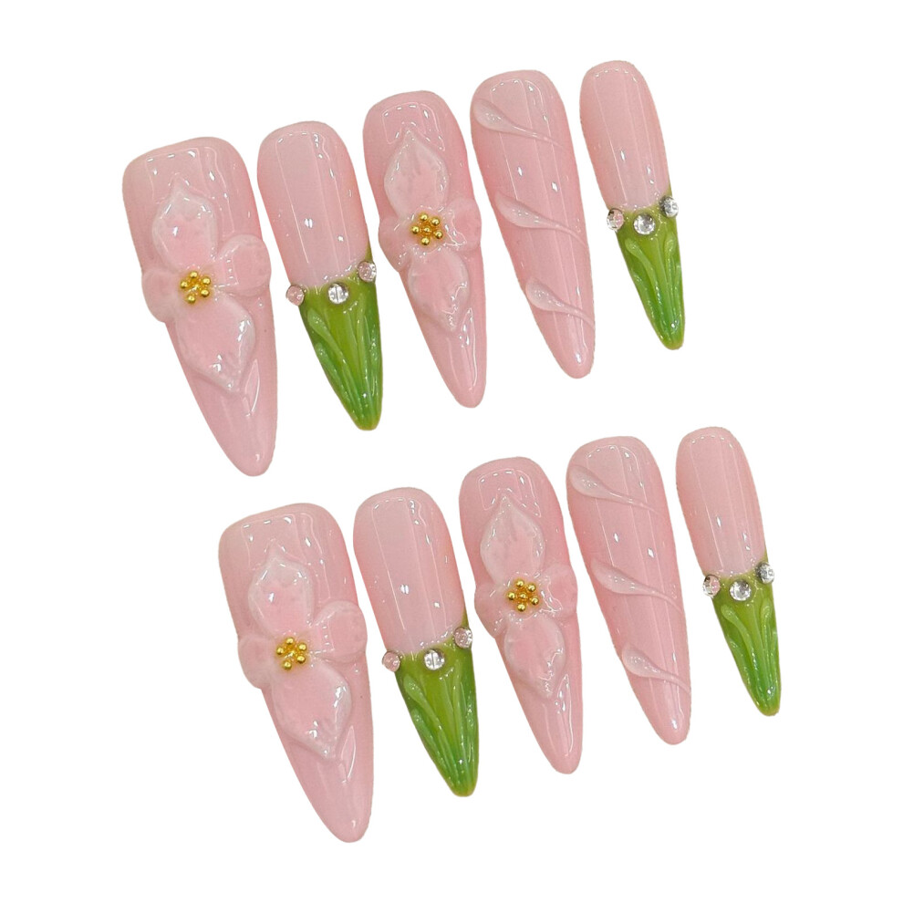Dachuang Beauty Pink (L) French Green Tip Fake Nails - Unbreakable