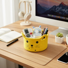 (Yellow Cat, one size) Handwoven Cotton Basket for Desk Storage