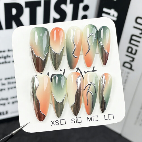 (Long Oval, L) Gradient Metallic Fake Nails - 50pcs 2