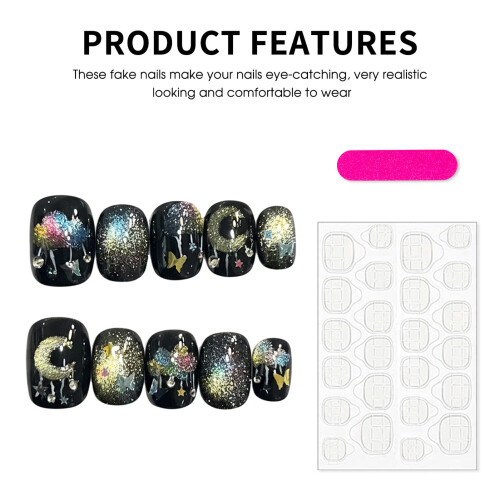 (S) 10PCS Black Rainbow Cat Eye Press-On Nails