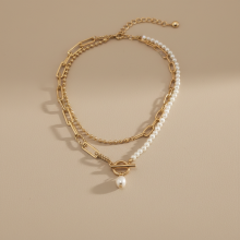 (Gold) Vintage Pearl Necklace, Layered Bead Chain, Fashion Jewelry