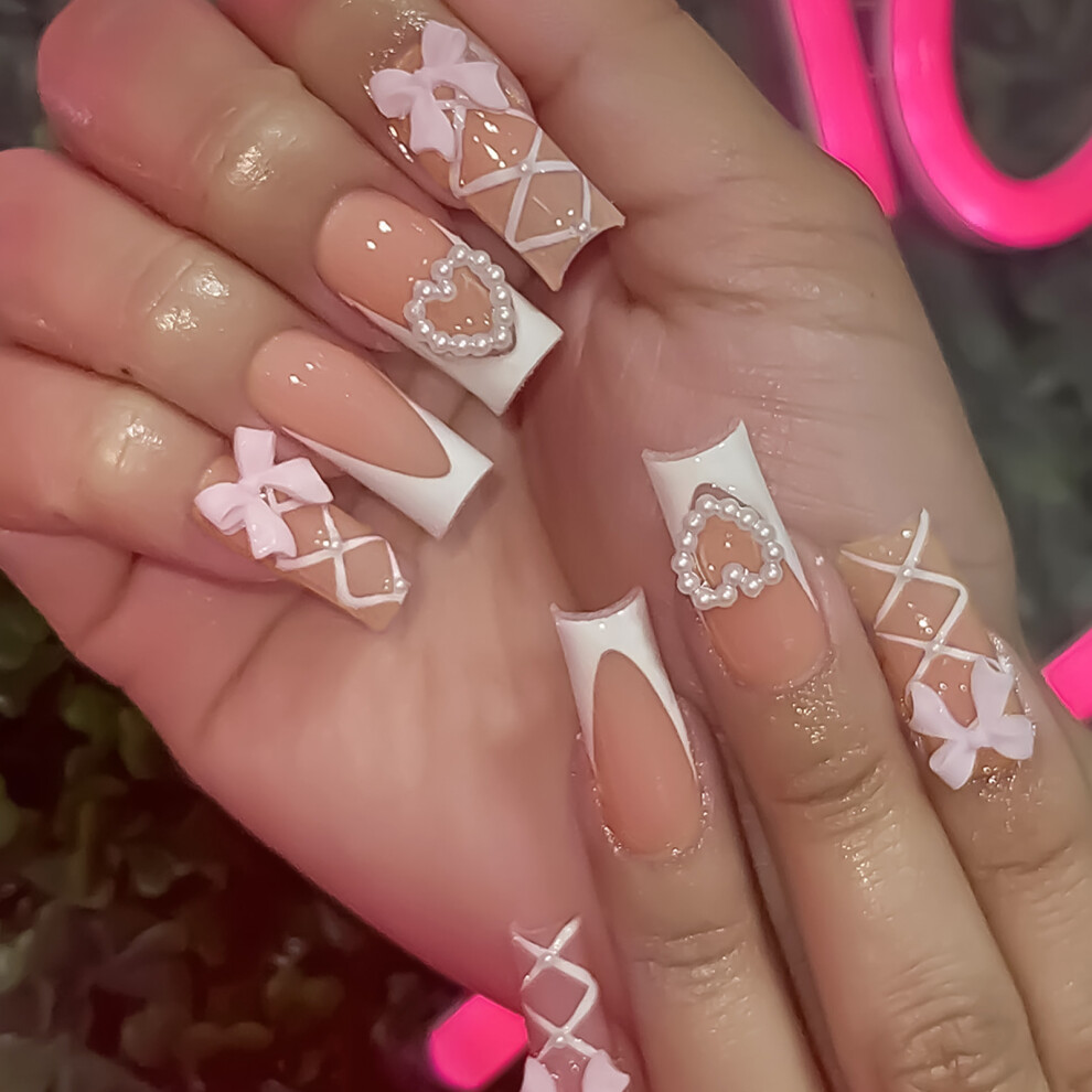 Dachuang Beauty Pearl Bowtie French Tip Fake Nails
