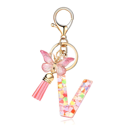 (V) Butterfly Pink Letter Pendant Keychain for Backpack