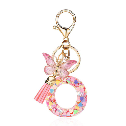 (O) Butterfly Pink Letter Pendant Keychain for Backpack