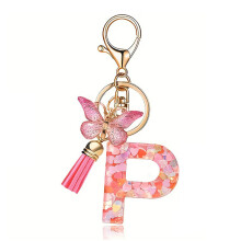 (P) Butterfly Pink Letter Pendant Keychain for Backpack