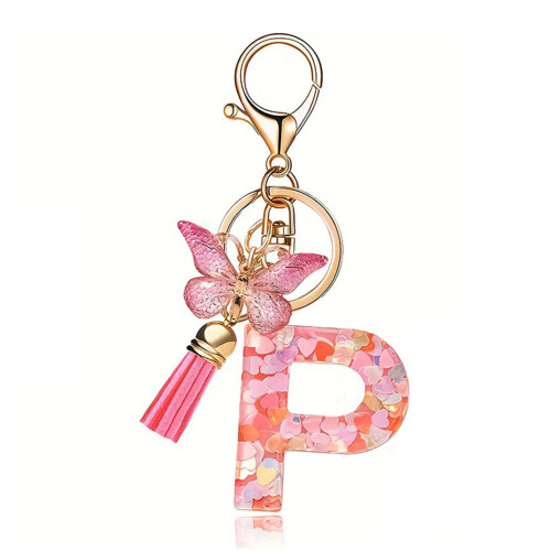 (P) Butterfly Pink Letter Pendant Keychain for Backpack