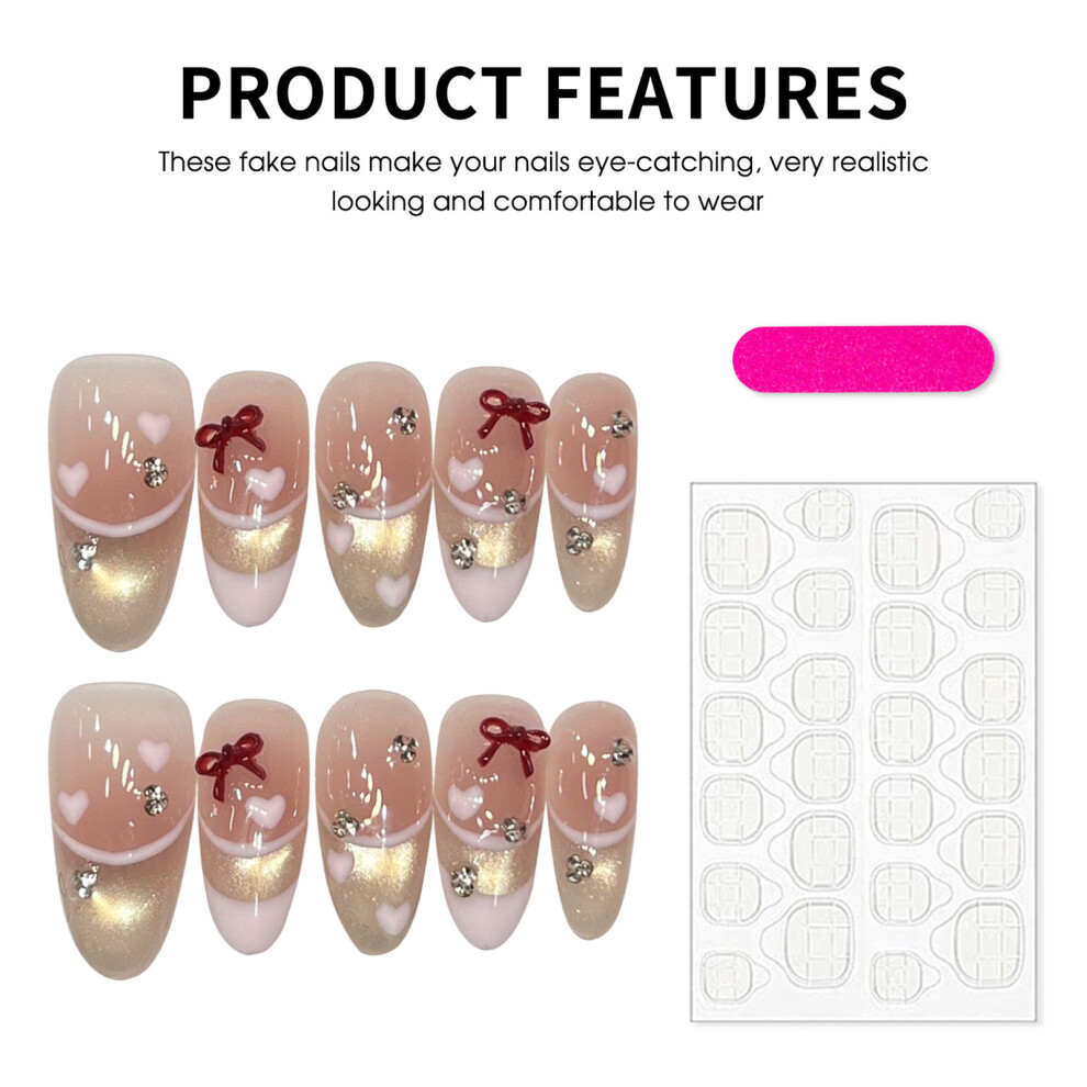 Dachuang Beauty Pink (Medium Ellipse) 10Pcs Bowknot Fake Nails With Rhinestones