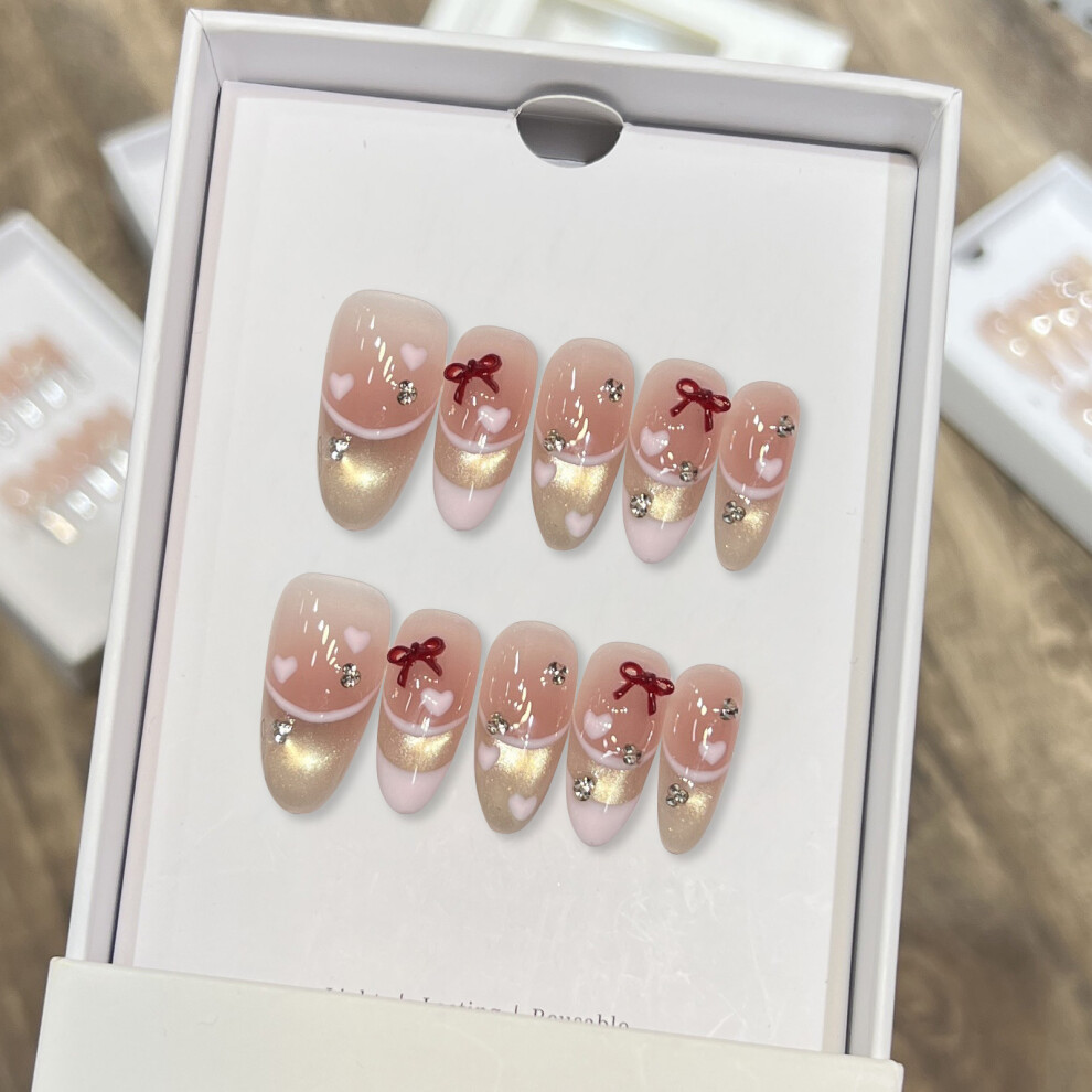 Dachuang Beauty Pink (Medium Ellipse) 10Pcs Bowknot Fake Nails With Rhinestones