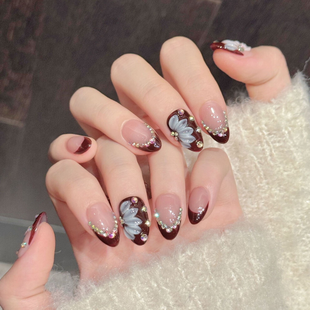 Dachuang Beauty (3341 Short Almond, Xs) 10Pcs French Wine Red False Nails With Rhinestones