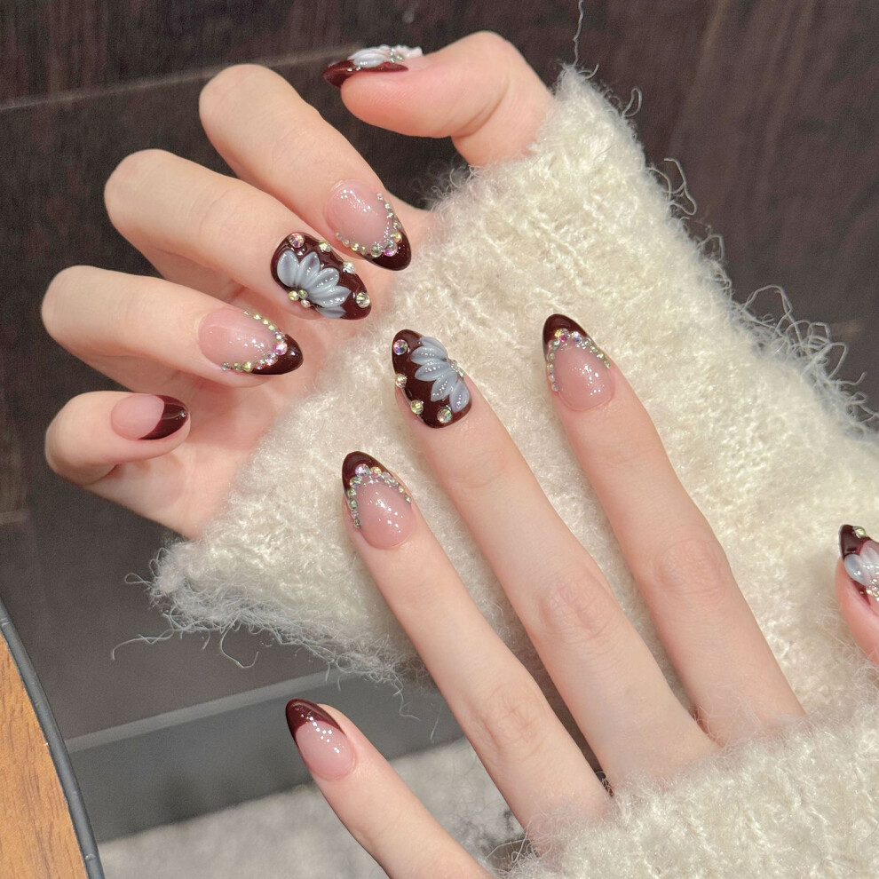 Dachuang Beauty (3341 Short Almond, M) 10Pcs French Wine Red False Nails With Rhinestones