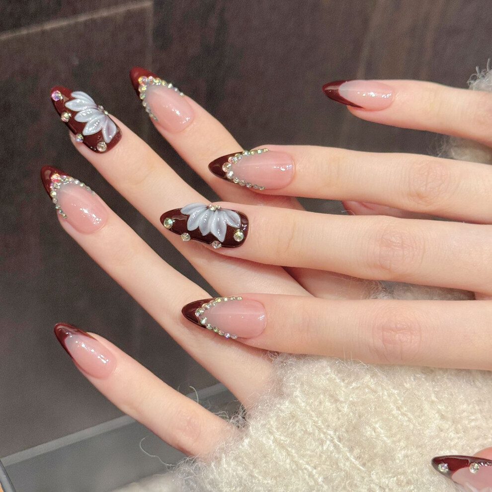 Dachuang Beauty (3343 Medium Almond, M) 10Pcs French Wine Red False Nails With Rhinestones