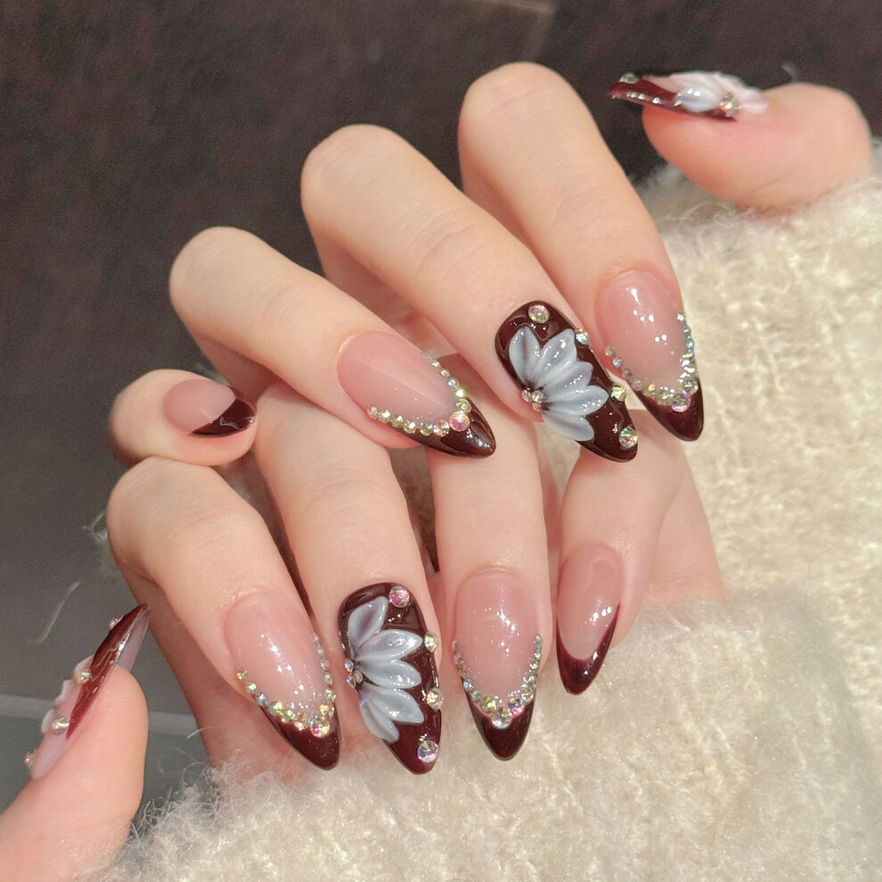Reach-Tools (3343 Medium Almond, S) 10Pcs French Wine Red False Nails With Floral Rhinestones