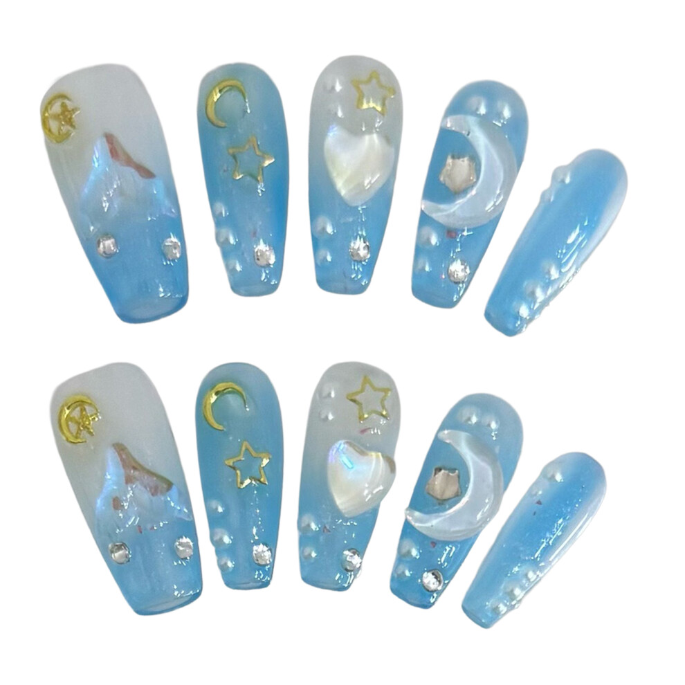 Dachuang Beauty Blue/Gold (S) 10Pcs Rhinestone Coffin Press-On Nails Moon Star