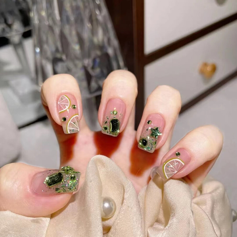 Roc-Electron (Jelly Glue Model) Rhinestone Square Fake Nails, Split & Stain Resistant