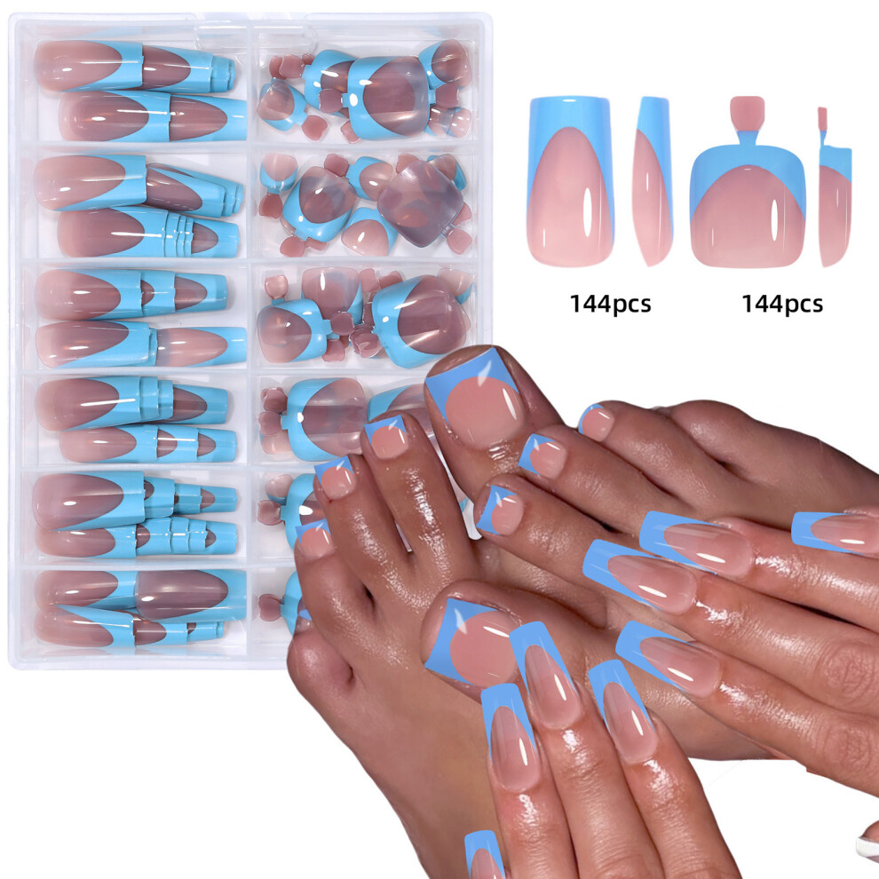 Penghui-Toys (3) Glossy Nude Square Fake Nails - 144Pcs Reusable