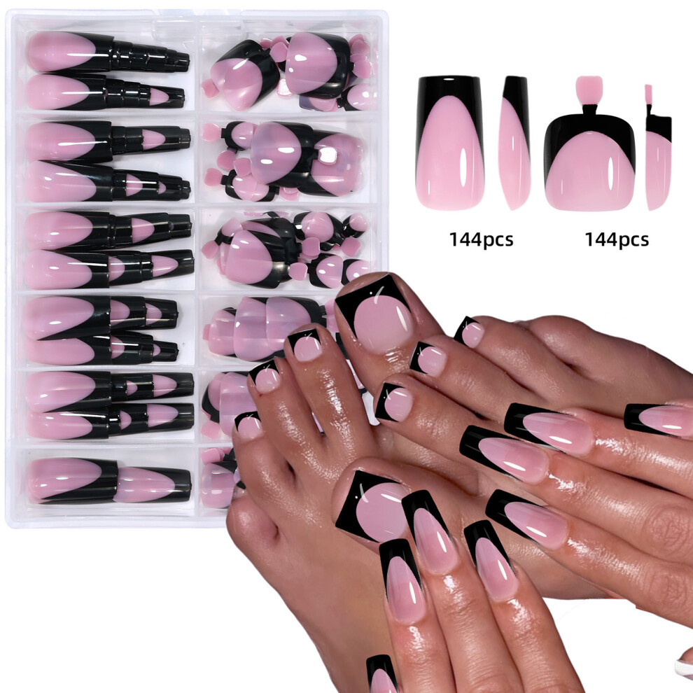 Penghui-Toys (4) Glossy Nude Square Fake Nails - 144Pcs Reusable