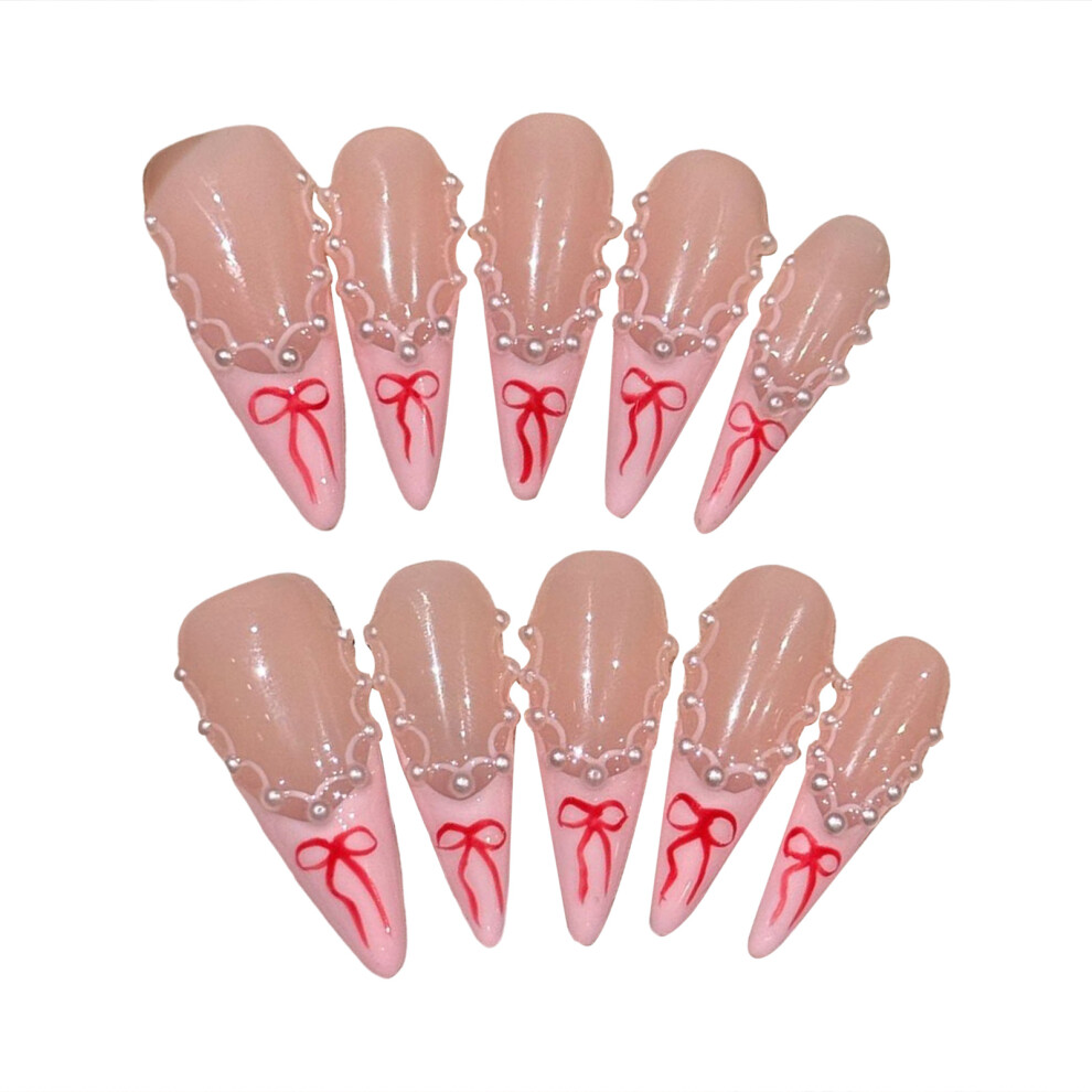 Penghui-Toys (M) Nude Long Fake Nails With Pink Tip Printed Sweet & Charming Reusable False Nails For Women Nail Art Decoration