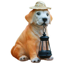 Statues de Chien de Jardin - Adorables Figurines de Chien en RéSine avec Chapeau de Paille et Lanterne Solaire LED, DéCoration de Chiot, LumièRe