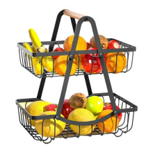 Double Layer Fruit Basket with Wooden Handle Multifunctional Storage Rack Countertop Organizer Heavy Duty Metal Fruit