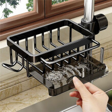 Porta Spugna sopra il Rubinetto Organizer per Lavello da Cucina, Spazio in Alluminio Staccabile per Rubinetto Sospeso con Gancio Nero