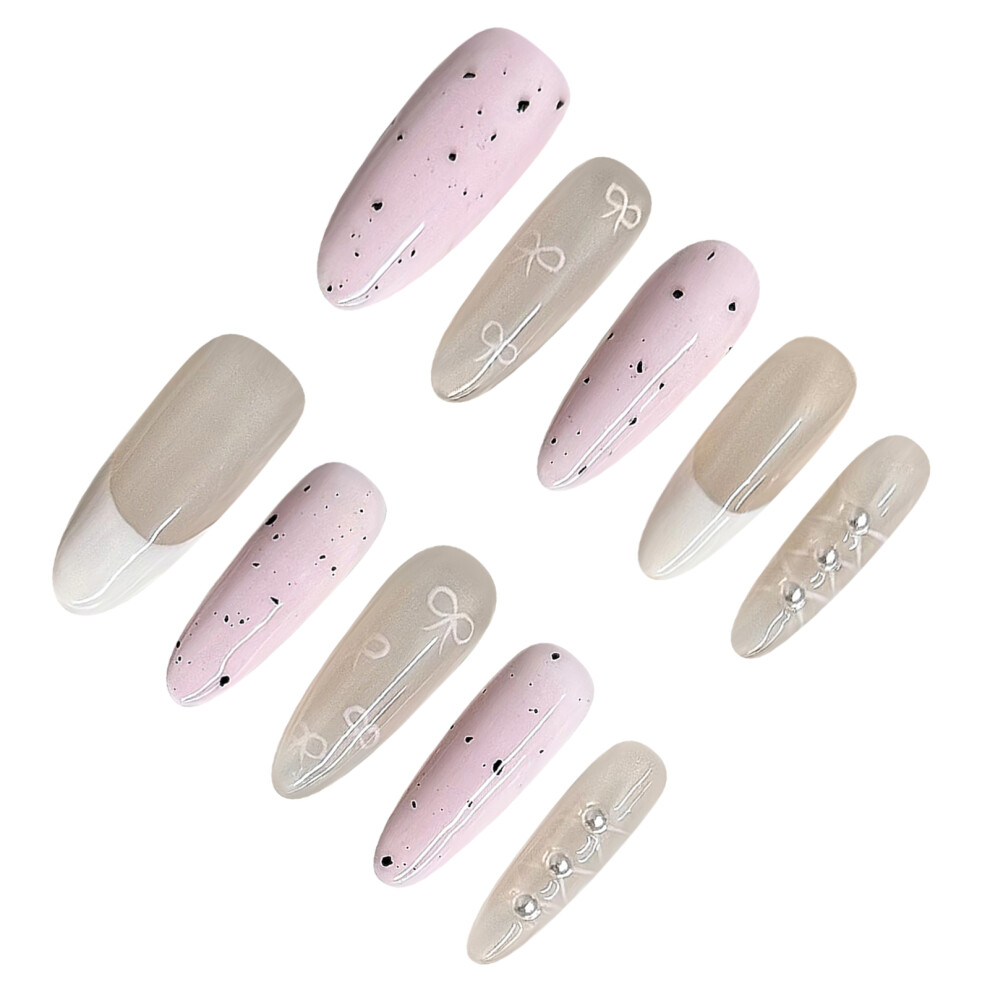 Penghui-Toys (M) Nude&Pink False Nails With Bowknot Print Ultra-Flexible Long Lasting Fake Nails For Women Nail Art Decoration