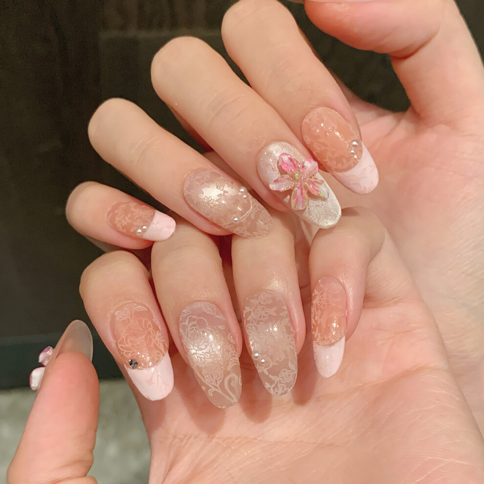 Dcph-Clothing (Xs) 10Pcs Flower Print Press On Nails, Reusable Salon Supply