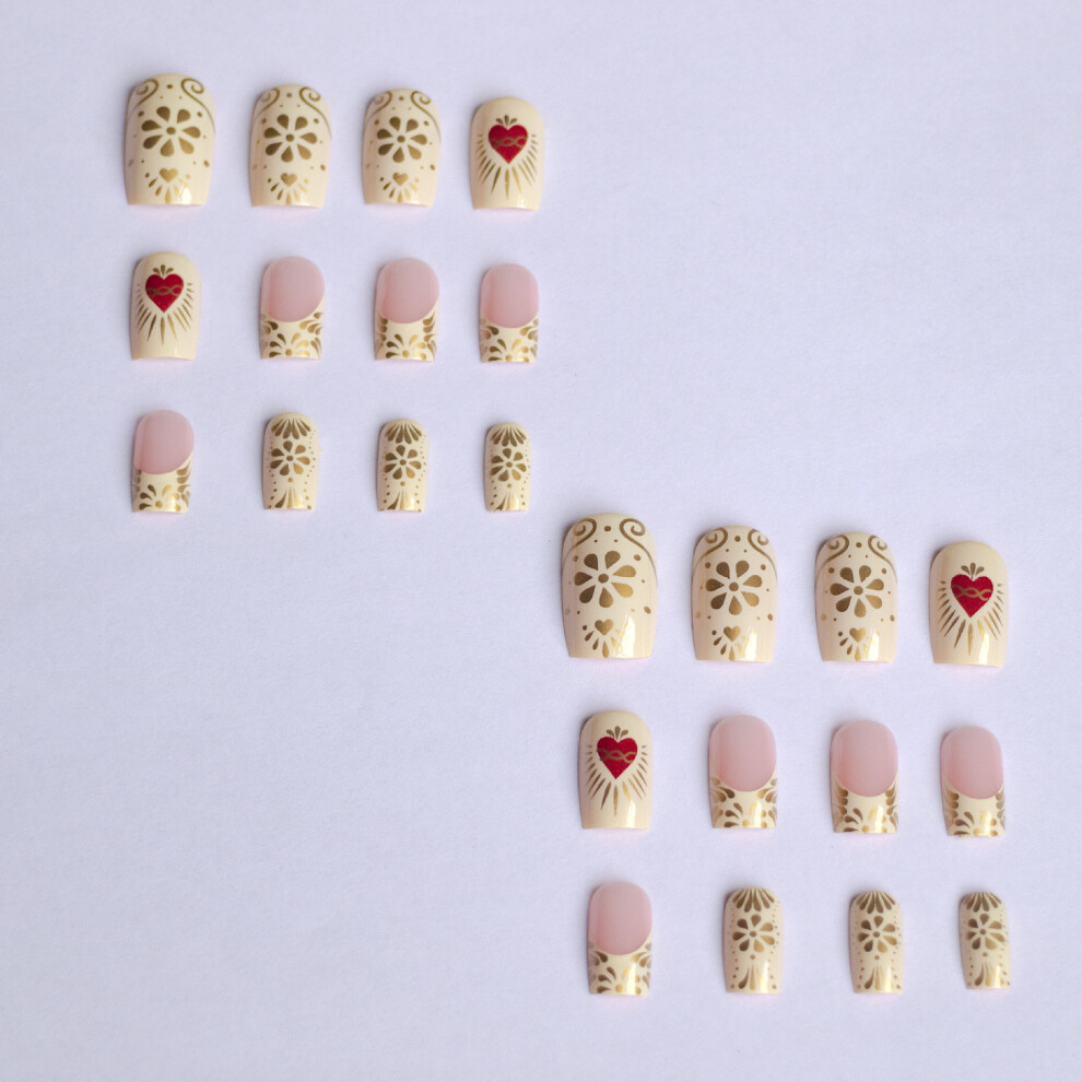 Penghui-Toys 24Pcs Heart Print Glossy Fake Nails, Reusable For Women