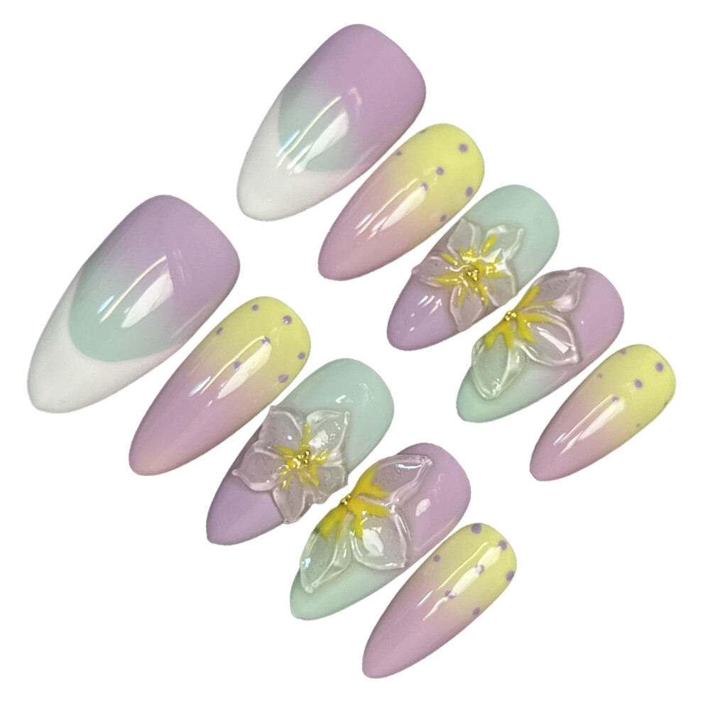 Penghui-Toys (L) 10Pcs Gentle Smudging Fake Nails With Flower Chip-Proof Smudge-Proof Fake Nails For Shopping Traveling Dating