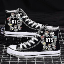 (40) Bts Canvas Shoes Star Comfortable Casual Shoes Men And Women Cartoon Printing High-top Board Shoes Black