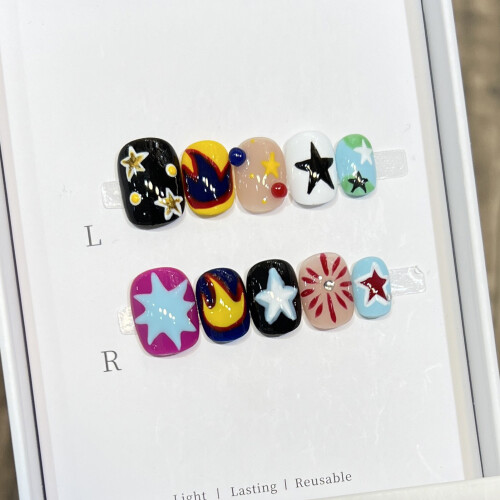 (S) Colorful Press On Fake Nails - 10pcs 2