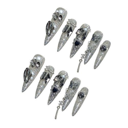 (M) Glitter Silver Pointed Fake Nails for Stage Performance 1