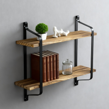 2-Tier Industrial Wall Shelf - 60×15cm Wood Planks & Black Iron Bracket, Floating Storage Rack for Kitchen & Bathroom