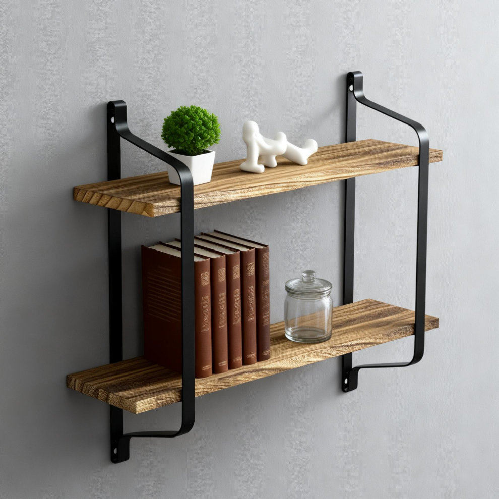 2-Tier Industrial Wall Shelf - 60Ã15Cm Wood Planks & Black Iron Bracket, Floating Storage Rack For Kitchen & Bathroom 614633894471
