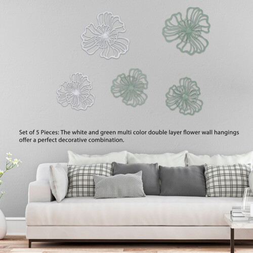5PCS Iron Flower Wall Art, 2-Layer, White/Green 2