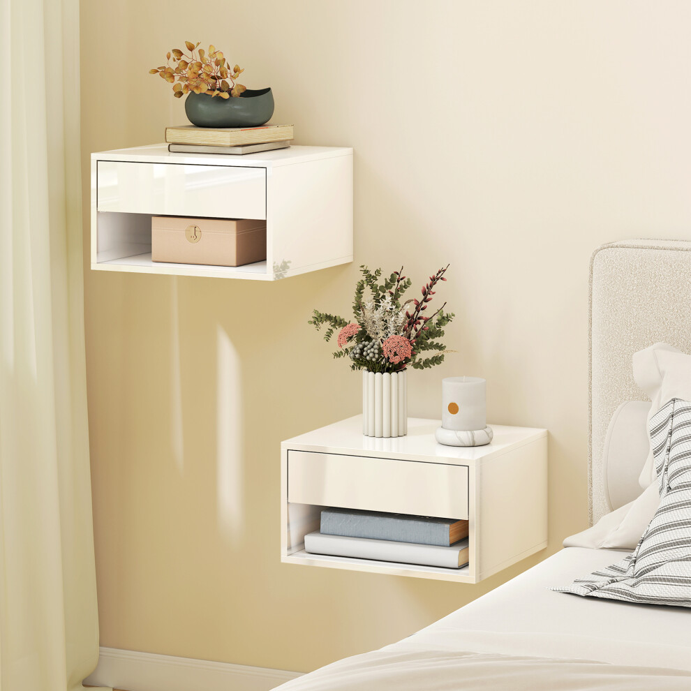 Homcom Floating Nightstands Set Of 2, Bedside Table W/ Drawer And Open Shelf