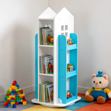 360° Rotating Kids' Bookshelf - House Shape, Blue & White, Eco-Friendly PVC Board