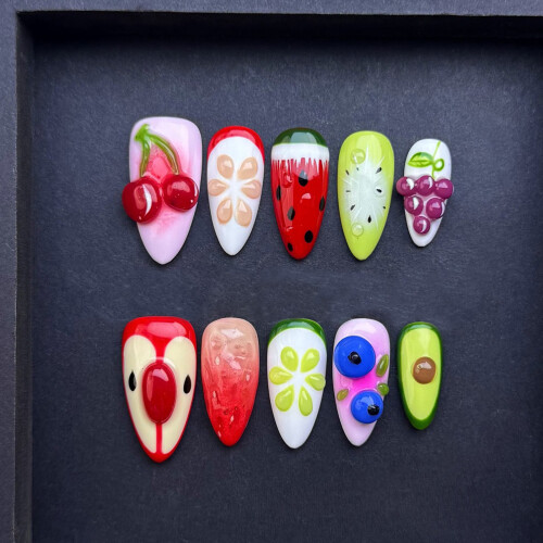 (M) 10PCS Fruit Press-On Nails, Odorless & Comfy 1