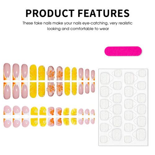 French Tip Press On Nails - Pink & Yellow, Reusable 1