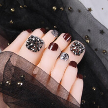 New Shining Diamante Paillette Decor Fake Toenail Tips Women Detachable Full Cover Short Toe Nails Stickers with Glue